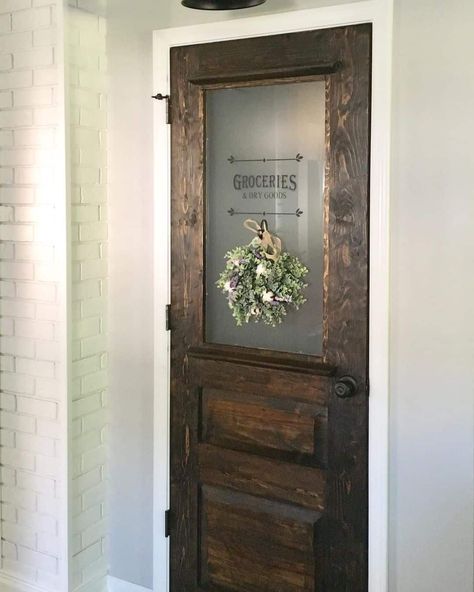 Old Door For Pantry, Antique Wood Pantry Door, Black Pantry Door Ideas Modern, Vintage Wood Pantry Door, Pantry Door With Frosted Glass Panel, New Pantry Door, Ideas For Pantry Doors, Pantry Door Sign Ideas, Antique Doors For Pantry