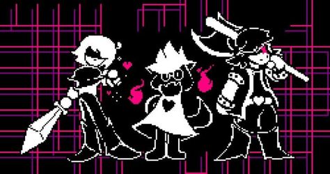 Pixel art of Deltarune. Mostly black with pink stripes all around, with the 3 members of the gang in there portrayed by white pixels Deltarune Background, Undertale Deltarune, Fox Games, 8bit Art, Toby Fox, Undertale Art, Undertale Fanart, Art Drawings For Kids, Undertale Au