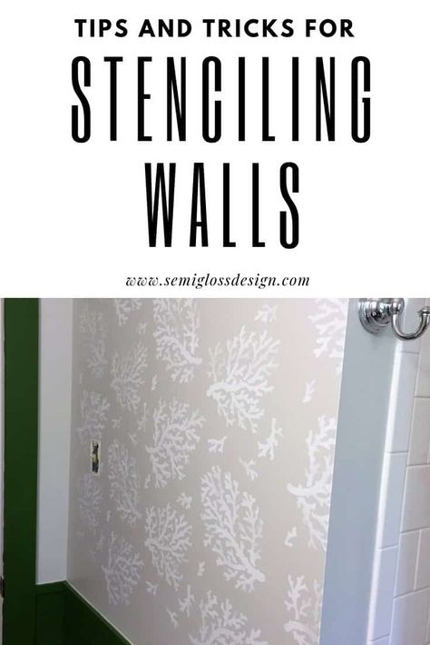 Low my tips and tricks for stenciling walls. Adding stencils to a wall is an affordable way to add pattern to a boring space. #semiglossdesign #stencilwalls #accentwalls #coralstencil #bathroomstencil Stenciling Walls, Bathroom Stencil, Mom Bathroom, Things Paint, Wall Stencil Designs, Stencils Tutorials, Stencil Ideas, Frugal Lifestyle, Fun Crafts To Do