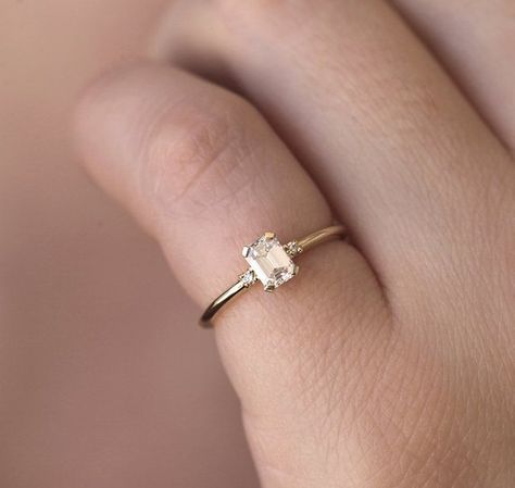 Engagement Ring Elegant, Dainty Emerald Cut Engagement Ring, Small Simple Engagement Rings, Open Diamond Ring, Three Diamond Ring, Square Diamond Rings, Cheap Diamond Rings, Emerald Cut Diamond Ring, Gold Rings Simple