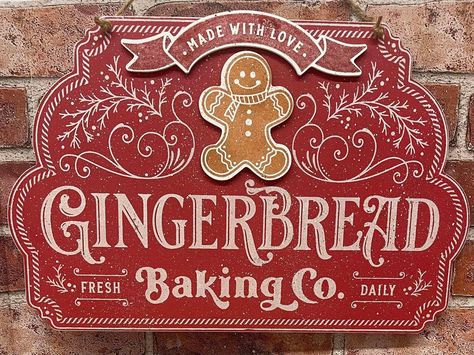 Homemade Ac, Chalk Stencils, Gingerbread Bakery, Bakery Sign, Dollhouse Christmas, Gingerbread Decorations, White Cherries, Christmas Store, Christmas Sign