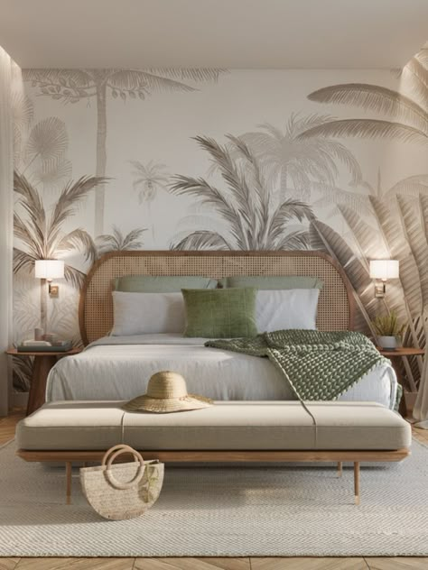 Tropical Bedroom Decor, Hotel Room Interior, Tropical Interior Design, Tropical Bedrooms, Hotel Room Design, Dekor Diy, Bohemian Bedroom Decor, Boho Bedroom Decor, Wallpaper Bedroom