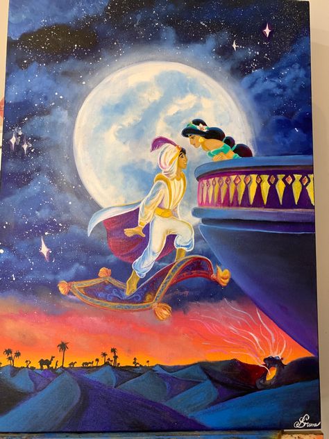 Disney Princess Acrylic Painting, Aladin Drawing, Disney Acrylic Painting, Aladdin Painting, Aladdin Art, Disney House, Horse Art Drawing, Disney Paintings, Drawing Ideas List