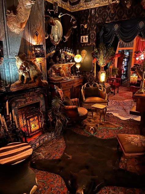 Cozy Dark Interior, Whimsigoth Tiny House, Post Apocalyptic Interior Design, Whimsigoth Maximalist Decor, Momcore House, Vintage Boho Maximalism, Dark Whimsical Living Room, Whimsical House Interior Living Room, Whimsigoth Couch