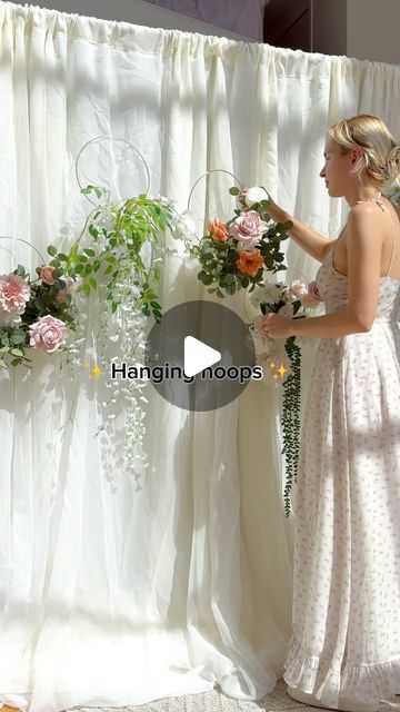 Hanging Hoops With Flowers, Netting Wreath, Hanging Floral Arrangements, Hanging Bouquet, Hanging Flowers Wedding, Wedding Dining Decor, Temporary Decorating, Wedding Dining, Flower Curtain