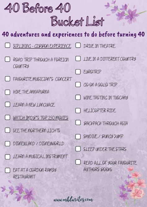 40 Before Turning 40 - Free Printable Bucket List - 40 Before 40 - 30 Years Old. A list of 40 adventures and life experiences to have and do before turning 40. travel bucket list. life bucket list. things to do 40 before 40 list. ideas 40 before 40 template. list things to do 40 before 40. Bullet Journal 40 before 40. #40before40 #bucketlist #thingstodo 40 Things To Do Before 40, 40 Before 40 Bucket List, Turning 40 Bucket List, 40 Bucket List, 40 Before 40, Before Turning 40, Free Printable Bucket List, Before 40, Template List