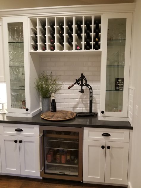 Built in wine rack/bar nook. Wine Cabinet Ideas Built Ins Wet Bars, Wine Wet Bar Ideas, Built In Wine Coffee Bar Ideas, Wine Rack On Top Of Cabinets, Wine Built In Wall, Wine Rack In Pantry Built Ins, Wine Rack In Cabinet Built Ins, Built In Bar With Wine Rack, Wine Cabinets Built In