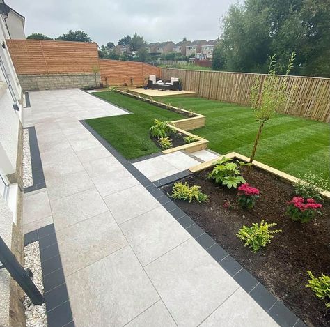 Open garden design with porcelain paving. Click the link for more garden inspiration Porcelain Patio Edging Ideas, Rectangle Garden Design, Modern Landscape Design Front Yard, Small Back Gardens, Dormer Bungalow, Patio Edging, Open Garden, Porcelain Paving, Garden Inspo