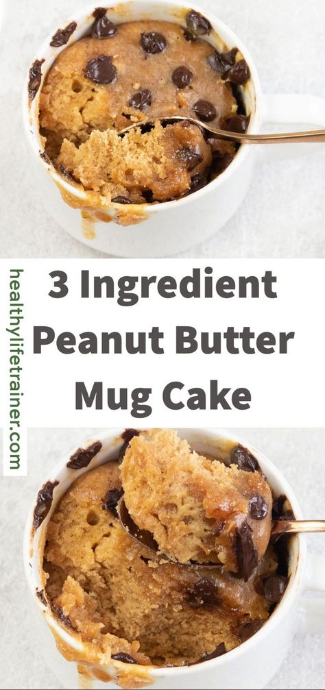 This 3 ingredient peanut butter mug cake is the perfect dish if you are in search of a quick and easy treat at home without making too much fuss in the kitchen; it is easy, delicious, gluten-free and low in carbs. #lowcarbcake #3ingredientcakerecipe #peanutbuttermugcake Flourless Mug Cake, 3 Ingredient Mug Cake, Peanut Butter Mug Cake, 2 Ingredient Desserts, Gluten Free Mug Cake, 3 Ingredient Cakes, Microwave Dessert, Mug Cake Healthy, Easy Mug Cake