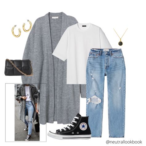 Cardigan And Converse Outfit, Converse Cardigan Outfit, Gray Cardigan Outfit Aesthetic, Trendy Knitted Gray Cardigan, Gray Cardigan Outfit, Chucks Outfit, Outfits With Grey Cardigan, Casual Gray One-size Cardigan, Outfit Converse