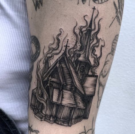 Midwest Gothic Tattoo, Chimney Tattoo, Midnight Mass Tattoo, Witchy Stomach Tattoo, Old House Tattoo, Burning Building Tattoo, Witch House Tattoo, Burning Church Drawing, Gothic Church Tattoo