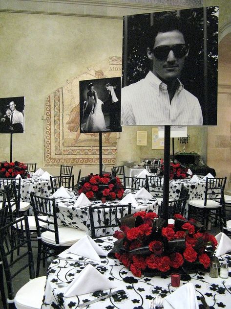 What's black, and white, and red all over? This 50 th birthday party Picture Centerpieces, 50th Birthday Party Ideas For Men, 75th Birthday Parties, Diy Centerpiece, Birthday Table Decorations, 70s Party, 90's Birthday Party, Birthday Party Centerpieces, 50th Party