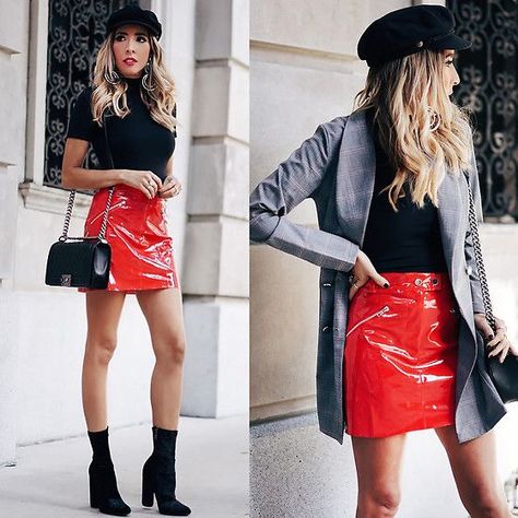 Red PVC skirt with zipper Leather Skirt Outfit Winter, Patent Leather Skirt, Pvc Skirt, Red Leather Skirt, Vinyl Mini Skirt, Red Holiday Dress, Leather Skirt Outfit, Winter Skirt Outfit, Velvet Boots