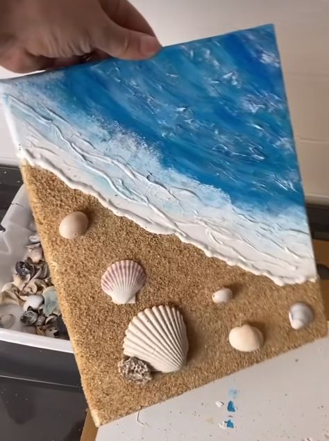 Best Greige Paint, Beachy Paintings, Beach Canvas Paintings, Beach Crafts Diy, Beach Art Painting, Beach Canvas Art, Painting Ocean, Seashell Painting, Summer Painting