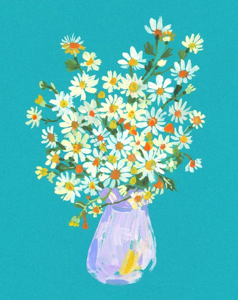 DAISIES BLUE LARGE | Etsy Flower Vase Painting Easy, Flowers On Vase, Drawing With Flowers, Daisy Flower Bouquet, Flower Vase Painting, Carolyn Gavin, Red Flower Dress, Painting Simple, Vase Diy