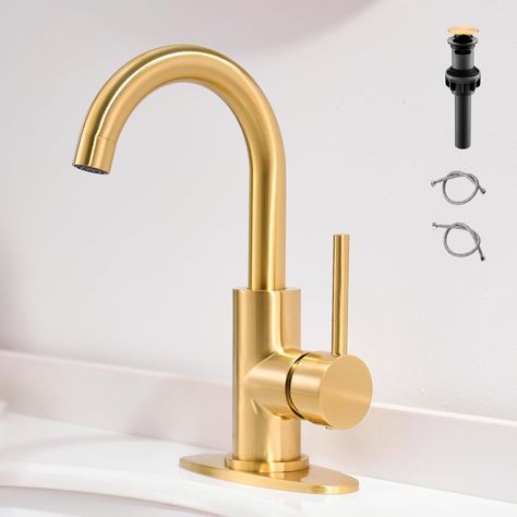 FROPO Gold Bathroom Faucets - Single Hole Waterfall Bathroom Sink Faucet with Drain Assembly, Brushed Gold Waterfall Bathroom Faucet 360° Swivel Spout Vanity Faucet Single Handle Lavatory Sink Faucet - Amazon.com Island Sink Faucet, Bathroom Sink Faucets Modern, Gold Bathroom Faucet, Kitchen Island With Sink, Lavatory Sink, Bathroom Faucets Waterfall, Modern Bathroom Sink, Vessel Faucets, Vanity Faucet