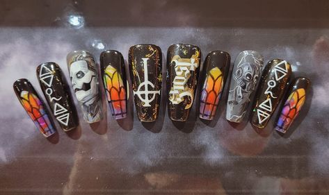 New Ghost fan, had to paint these to wear at all Rituals Ghost Band Nails Acrylic, Ghost The Band Nails, Ghost Band Inspired Nails, Ghost Band Nail Art, The Band Ghost Nails, Ghost Bc Nails, Bad Omens Nails, Ghost Band Nails, Band Nail Art