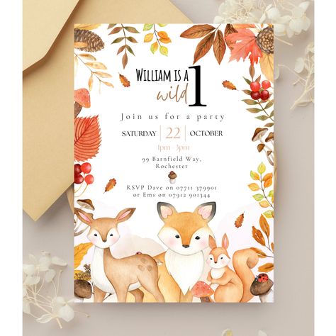 Autumn First Birthday Party Invitations, Wild One Fox Birthday Party Invite, Autumn One Woodland Animal Birthday Party Printable Invitations Woodland Animals Invitation, Autumn First Birthday, Woodland 1st Birthday Party, Woodland Animal Birthday Party, Autumn Birthday Party, Woodland 1st Birthday, First Birthday Party Invitations, Fox Birthday Party, Woodland Animal Birthday