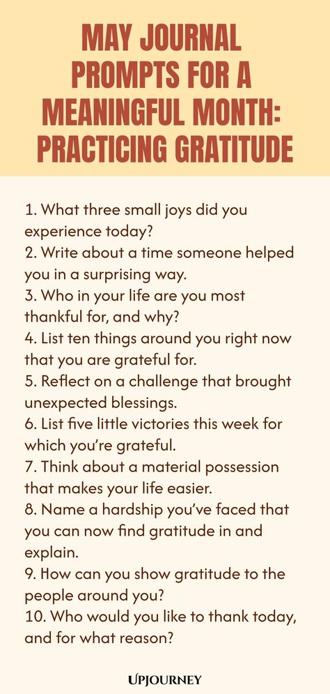 Explore our collection of May Journal Prompts designed to guide you in practicing gratitude and fostering a meaningful month ahead. Use these prompts to reflect, grow, and appreciate the moments that make life special. Get ready to embark on a journey of self-discovery and mindfulness with these thoughtful writing prompts for your journal. Strengthen your mindset, cultivate positivity, and embrace each day with gratitude through mindful journaling this May. Download now for daily inspiration! Thursday Journal Prompts, Thursday Journal, May Journal Prompts, Easy Writing Prompts, May Journal, Mindful Journaling, Work Etiquette, Psychology Terms, Season Of Change