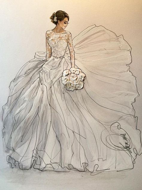 @karenorrillustration| Be Inspirational❥|Mz. Manerz: Being well dressed is a beautiful form of confidence, happiness & politeness Wedding Dress Sketches, Dress Illustration, Design Moda, Fashion Sketches Dresses, Sketches Dresses, Fashion Sketchbook, Fashion Illustration Sketches, Dress Sketches, Dress Drawing