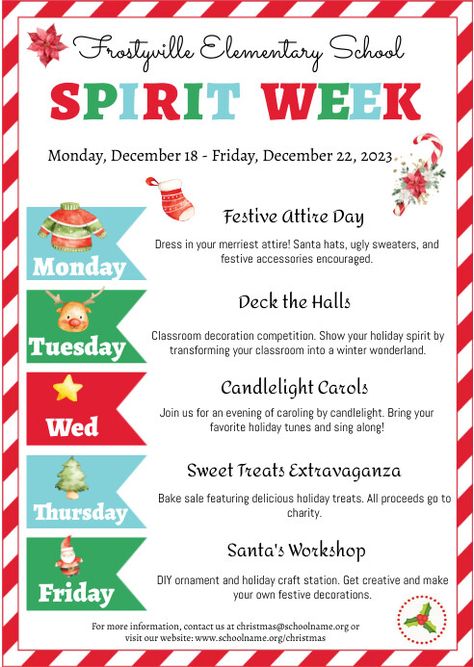 230+ Free Templates for 'Spirit week flyers' December Spirit Week Ideas, Office Christmas Spirit Week Ideas, Holiday Spirit Week Ideas For Work, Christmas Spirit Week Ideas For Work, Christmas Dress Up Days School, Christmas Spirit Week Ideas, Hoco Inspiration, Christmas Spirit Week, Spirit Week Flyer