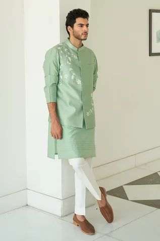 Shop for Contrast By Parth Green Silk Embroidered Bundi And Kurta Set for Men Online at Aza Fashions Engagement Hairstyle, Kurta Designs Men's, Mint Green Jacket, Boys Kurta Design, Wedding Kurta For Men, Bedroom Cabinet, Kurta Pajama Men, Gents Kurta Design, Gents Kurta