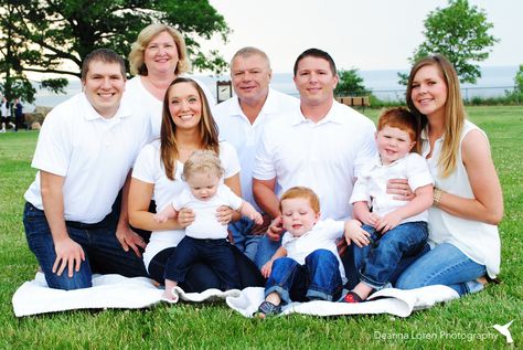 Extended family picture ideas | White tops and jeans | Huntington Beach, Bay Village, Ohio Bay Village Ohio, Outdoor Family Pictures, Headshot Photos, Outdoor Family Photos, Photo Packages, Family Tees, Zebra Stripes, Family Pics, Family Picture