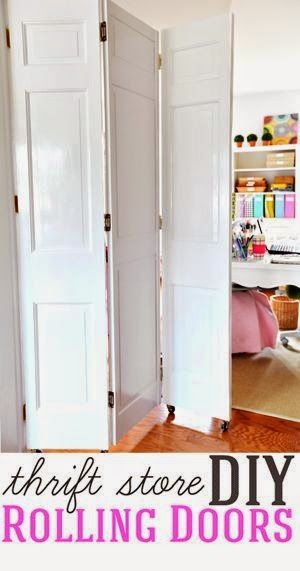 Best DIY Projects: How to make DIY rolling doors with thrift store bifold doors. No fancy or expensive hardware needed. Room Divider Using Old Doors, Bifold Door Room Divider, Laundry Room Divider Ideas, Room Divider On Wheels, Dividing Rooms Without Walls, Bifold Door Ideas, Room Divider Ideas Diy Cheap, Room Divider Ideas Diy, Room Divider Diy