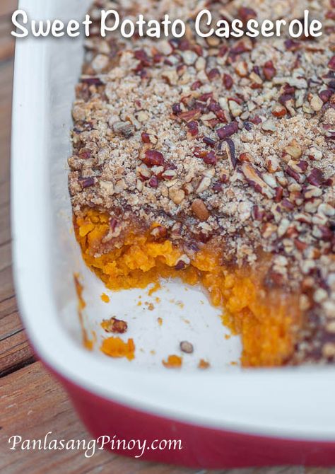 Sweet Potato Casserole is a good example of a simple and easy to make sweet potato dessert. It might be simple, but  it is really good. Baked Sweet Potato Casserole, Potato Souffle, Sweet Potato Souffle, Sweet Potato Recipes Casserole, Food Charlatan, Streusel Topping, Sweet Potato Casserole, Potato Casserole, Wooden Spoon