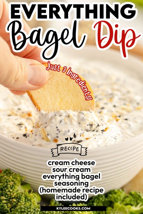 Everything Bagel Dip. Only 3 ingredients needed for this easy dip that's a flavor bomb! Cream cheese, sour cream and everything bagel seasoning blend perfectly for a creamy dip to enjoy with chips, pretzels, veggies and more. Make this for your next party! Dip For Beer Bread, Bagel Flavors, Everything Bagel Dip, Seasoned Sour Cream, Bagel Dip, Sauces Recipes, Delicious Dips, Easy Dip, New Years Eve Food