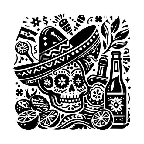 A black and white drawing of a skull and... | Premium Vector #Freepik #vector #illustration #mexican #hispanic #fiesta Mexican Skull Drawing, Mexican Doodles, Mexican Illustration Art, Mexican Illustration, Drawing Of A Skull, Mexican Skull Art, Mexican Graphic Design, Bottle Of Alcohol, Mexico Skull