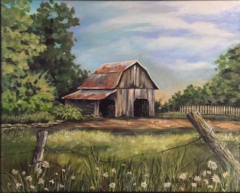 Farm Acrylic Painting Ideas, Farmhouse Acrylic Painting Ideas, Old Farmhouse Painting, Farm Scene Paintings Easy, Country Acrylic Painting, Farm Painting Ideas, Country Scenes Farms Landscapes, Farm Drawing Landscape, Easy Farm Paintings