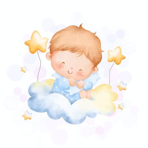 Vector illustration of a baby boy on a c... | Premium Vector #Freepik #vector #baby-cloud #baby-star #watercolor-baby #cute-watercolor Baby Boy Painting, Baby Boy Drawing, Baby Boy Illustration, Baby Boy Watercolor, Star Watercolor, Baby Boy Art, Baby Watercolor, Precious Moments Coloring Pages