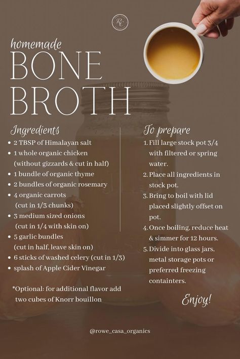 Looking for a natural way to enhance your immune system? Dive into the world of homemade bone broth with this simple yet powerful recipe. Packed with nutrients and rich in flavor, this broth is your go-to for a health boost. Perfect for sipping on a chilly day or adding depth to your favorite dishes, it's a delicious way to support your wellness journey. Whether you're new to bone broth or a seasoned pro, this recipe will become a staple in your kitchen. Bone Broth For Health, Collagen Broth Recipe, None Broth Recipe, Healthy Bone Broth Recipes, Bone Broth Meals, How To Make Bone Broth, Breakfast Broth, Diy Bone Broth, Bone Broth Soup Recipes