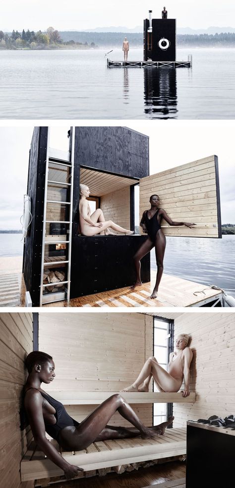 goCstudio have designed the wa_sauna, a privately owned sauna, designed and built to be used year round on Seattle’s Lake Union. Mobile Sauna, Floating Architecture, Modern Shed, Sauna Design, Lake Union, Outdoor Sauna, Floating House, Small Cabin, Floating In Water