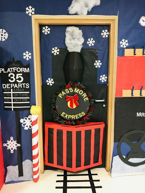 Christmas Door Contest Winners, 3d Christmas Door Decorating Contest, Polar Express Door, Christmas Door Ideas, Winter Door Decorations Classroom, Hospital Christmas, Santa Breakfast, Christmas Cubicle, Polar Express Christmas Party