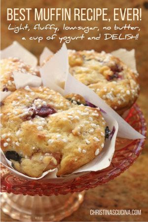 Super light and fluffly, no butter, low sugar with a whole cup of yogurt and tons of fruit! This is seriously, the only recipe you'll ever use again! #muffins #bestmuffins #bestmuffinrecipe #yogurtmuffins #fruitmuffins Fruit Explosion Muffins Recipe, Plain Yogurt Recipes, Plum Muffins, Baking With Yogurt, Muffin Top Recipes, Best Muffin Recipe, Fruit Jam Recipes, Fruit Muffins, Yogurt Muffins