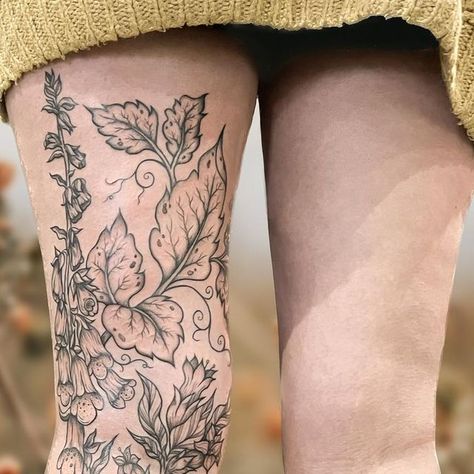 Rachel🌿🖋🍂 on Instagram: "Some final and close up shots of the most fun full botanical leg composition I had the pleasure of doing for one of the most lovely clients (and best sitters ever!!) I am so beyond thrilled with how this turned out and I have a couple more in the works that I can’t wait to complete and show y’all! This piece featured some poisonous and native plants such as foxgloves, poison ivy, thistles and belladonna 🌷🥀🪻🌹 #tattoo #tattooartist #bigtattoo #legsleeve #botanicaltattoo #cottagecore #fairycore #linework #blackwork #dotwork #floraltattoo #naturetattoo" Fairycore Tattoo, Shin Tattoo, Botanical Tattoo, Big Tattoo, Leg Sleeves, Nature Tattoos, Thigh Tattoo, Blackwork, Body Art Tattoos