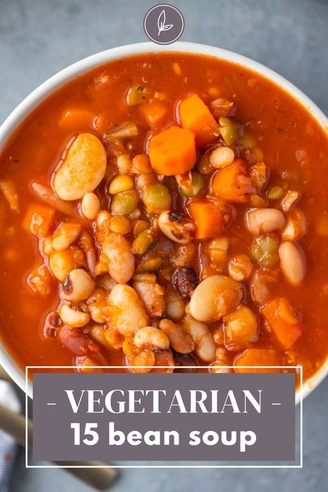 Vegetarian 15 Bean Soup is a healthy bean soup recipe everyone will love! Vegan, high protein, tasty & easily made in the slow cooker, instant pot or on the stovetop. If not vegetarian, make it with chicken, sausage or ham for added protein! You can use the Hambeens or Goya bean mix. 15 Bean Soup Crock Pot Vegetarian, Vegan 15 Bean Soup, High Protein Bean Soup, High Protein Vegan Soup, Healthy Bean Soup Recipes, Comfort Food When Sick, Healthy Bean Soup, Food When Sick, Bean Soup Crockpot