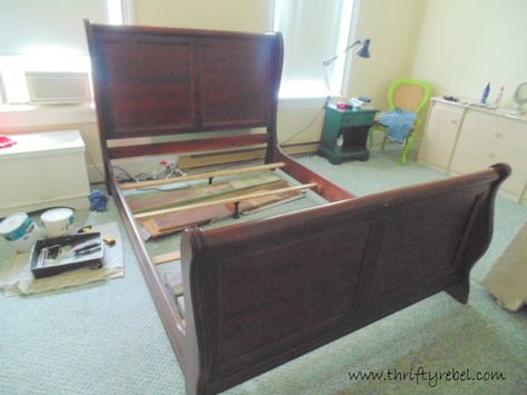 Sleigh Bed Makeover and Master Bedroom Progress Wood Sleigh Bed Bedroom Ideas, Sleigh Beds Makeover, Refinished Sleigh Bed, Refinish Sleigh Bed, Paint Sleigh Bed Ideas, Cherry Sleigh Bed Makeover, Sleigh Bed Makeover Before And After, Brown Sleigh Bed Decor Bedroom Ideas, Sleigh Bed Decor