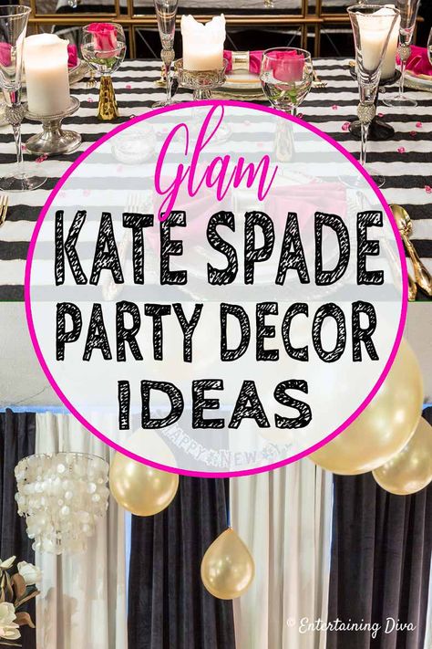 These Kate Spade themed party decor ideas are awesome! I love all of the pink and gold details with the black and white stripes. Perfect for a bachelorette party, bridal shower or baby shower. #entertainingdiva #partyideas #partydecor #partydecorations Kate Spade Party Decorations, Pink Chair Covers, Gold Chair Covers, Baby Shower Pink And Gold, Kate Spade Inspired Party, Pink And Gold Decorations, Kate Spade Party, Party Decor Ideas, Easy Party Decorations