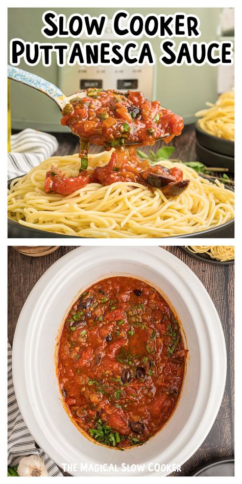 This Crock Pot Puttanesca Sauce is sure to hit your taste buds perfectly, thanks to the combination of tomatoes, olives, anchovies, and capers. Not to mention, it's made in your slow cooker for a pasta sauce that pairs perfectly with spaghetti or your favorite pasta. - The Magical Slow Cooker Slow Cooker Pasta Sauce, Chicken Puttanesca, Meatless Pasta, Magical Slow Cooker, Puttanesca Sauce, Crockpot Pasta, Pasta Puttanesca, Vegan Slow Cooker, The Magical Slow Cooker