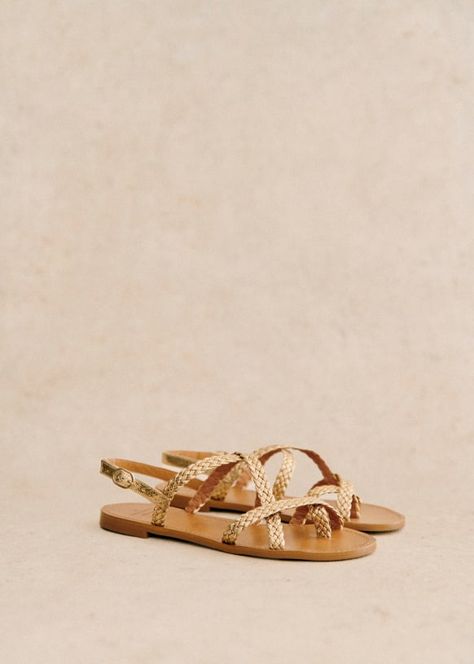 Adeline Low Sandals - Smooth braided gold - Crackled metallic goatskin leather - Sézane Low Sandals, Elegant Flats, Sheep Leather, Designer Sandals, Rubber Heels, Metallic Leather, Vegetable Tanned Leather, Free Bag, Parisian Style