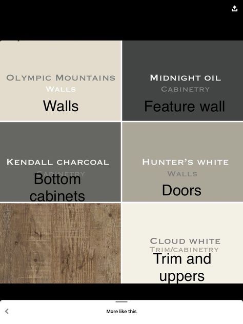 Whole House Paint Scheme Natural, Black Paint Cabinets, Black White Wood Color Palette, Moody House Color Palette, Kendall Charcoal Cabinets, Paint Color Inspiration, House Color Palettes, Paint Color Schemes, House Color Schemes