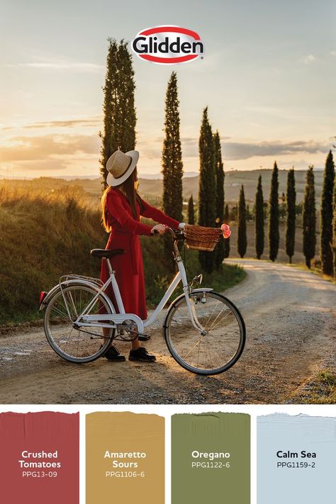 Step aside Coastal Grandma, we're having a Tomato Girl Summer 🍅. Picked by our color experts, this palette is sure to give you home Italian vaca vibes. Check out these colors and more at Glidden.com #tomatogirlsummer #tomatogirl #summertrends #tomatogirlaesthetic Italian Color Palette, Tomato Girl Aesthetic, Tomato Girl Summer, Tomato Girl, Italian Colors, Coastal Grandma, Aesthetic Colors, Summer Trends, Summer Girls