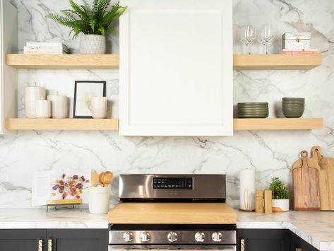 "Because you're worth it :) Our 3 inch thick white oak wood floating shelves feature a heavy duty bracket and are handmade specifically for you and your space! Handcrafted one-at-a-time in our small woodshop these shelves are built to last and easy to hang featuring our new metal bracket that offers side-to-side adjustment. Each solid wood floating shelf and heavy duty steel bracket can be installed over tile, and even in a kitchen corner! Transform your old bathroom, laundry room, office, or ki Natural Floating Shelves, Wood Shelf Bathroom, Living Room Bar Area, Thick Floating Shelves, Bar Area Ideas, Floating Shelves White, White Oak Floating Shelves, Natural Wood Shelf, Ikea Kitchen Inspiration