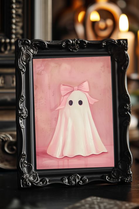 Add a touch of whimsy to your collection with our cute sheet ghost painting! Featuring a girly coquette ghost adorned with a vintage pink bow on her head, set against a pretty pink background. Available in our instant download premium print collection for just $2 each or 3 for $5 on my Ko-fi shop. Canvas Fall Ideas Painting, Pink Ghost Painting, Bow Canvas Painting, Coquette Halloween Decor, Pink Ghost Party, Girly Canvas Painting, Ghost Painting Ideas, Cute Painted Pumpkin Ideas, Halloween Widget