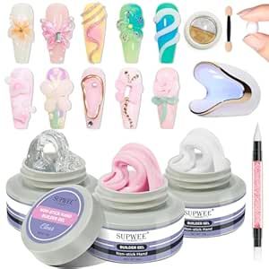 SUPWEE Solid Builder Gel for Nails, Clear White Pink Hard Gel for Nails 3D Nail Gel Art 3 Colors Sculpting Gel with UV Nail Lamp & Chrome Powder for Nail Extension Carving Gel Modeling Nail Salon DIY Solid Builder Gel, Nail Gel Art, Mirror Nails Powder, Nails Clear, Decorating With Sticks, Pedicure Nail Designs, Nail Pen, Uv Nail Lamp, Nails 3d