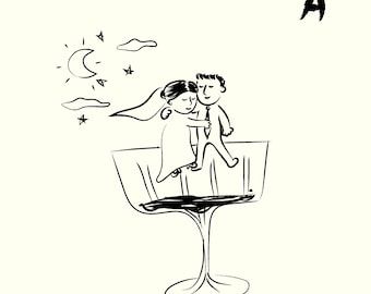 NookPaper - Etsy Bride And Groom Drawing, Wedding Illustration Couple, Bride And Groom Illustration, Romantic Whimsical Wedding, Wine Glass Drawing, Couple Bride And Groom, Wedding Illustrations, Engagement Humor, Airbnb Wedding