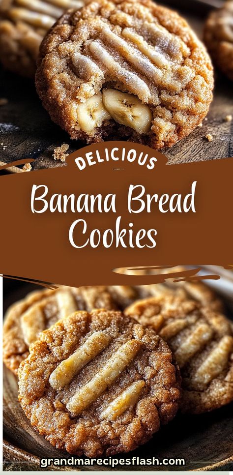 These Banana Bread Cookies are a quick, easy treat with just 6 ingredients! Soft, sweet, and a perfect blend of banana bread flavors in cookie form. Best Banana Recipes Desserts, Banana Bread Scones Recipe, Banana Bread Cookies Gluten Free, Vegan Banana Bread Cookies, Crispy Banana Cookies, Banana Nut Bread Cookies, Thick And Chewy Cookies, Sugar Cookie Banana Bread, Banana Bread Cookies Recipe Easy